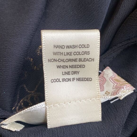 Band of Gypsies Black Sheer Gold Embroidered Tie Neck Long Slv Peasant Top Boho - Picture 7 of 7